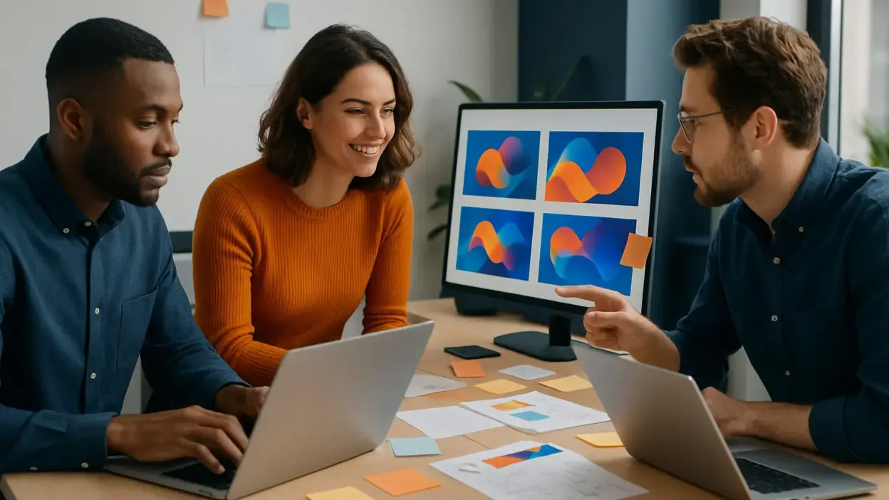Tim marketing dan desainer menggunakan AI desain untuk brainstorming ide visual materi promosi