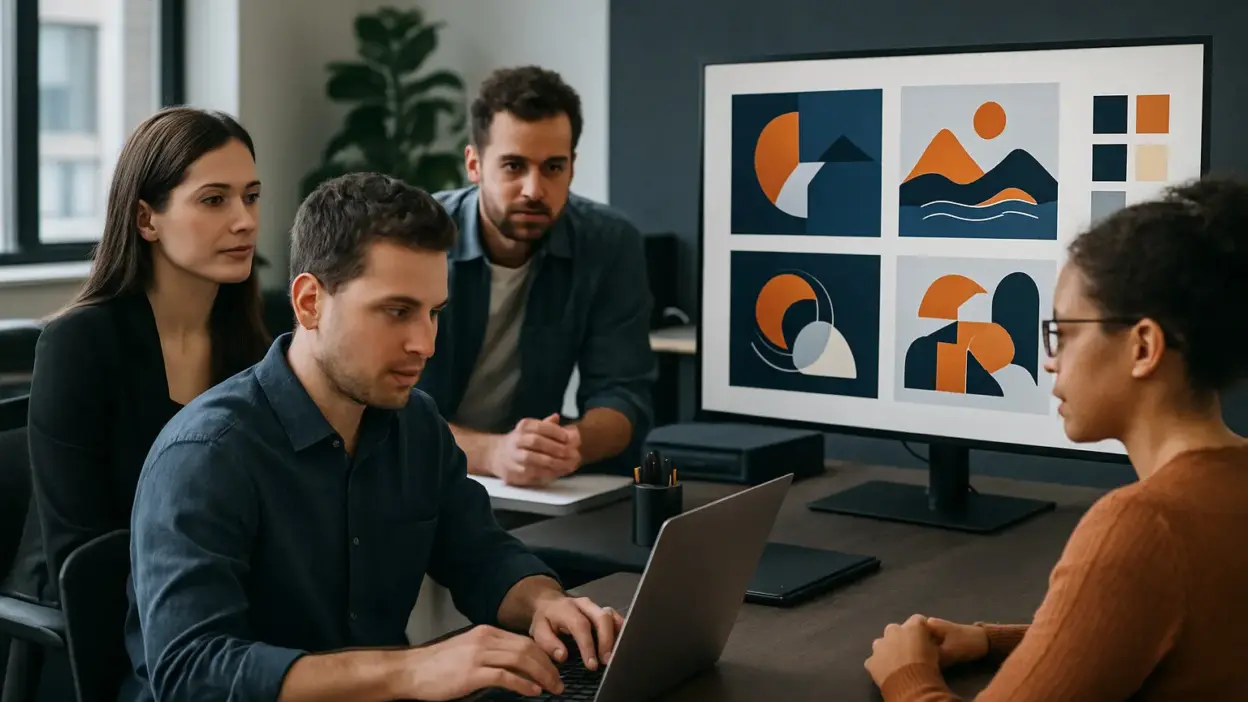 Marketer menyusun brief desain terstruktur untuk AI visual di kantor modern