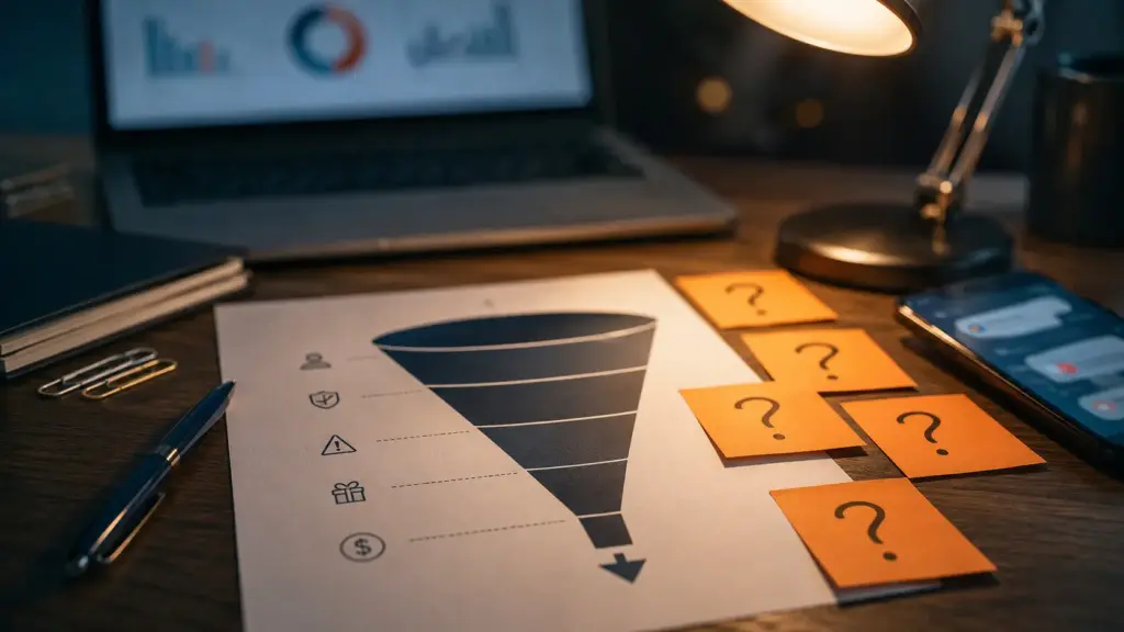 Ilustrasi analisis keraguan calon customer dengan diagram penjualan, sticky notes, laptop, dan smartphone di meja kerja.