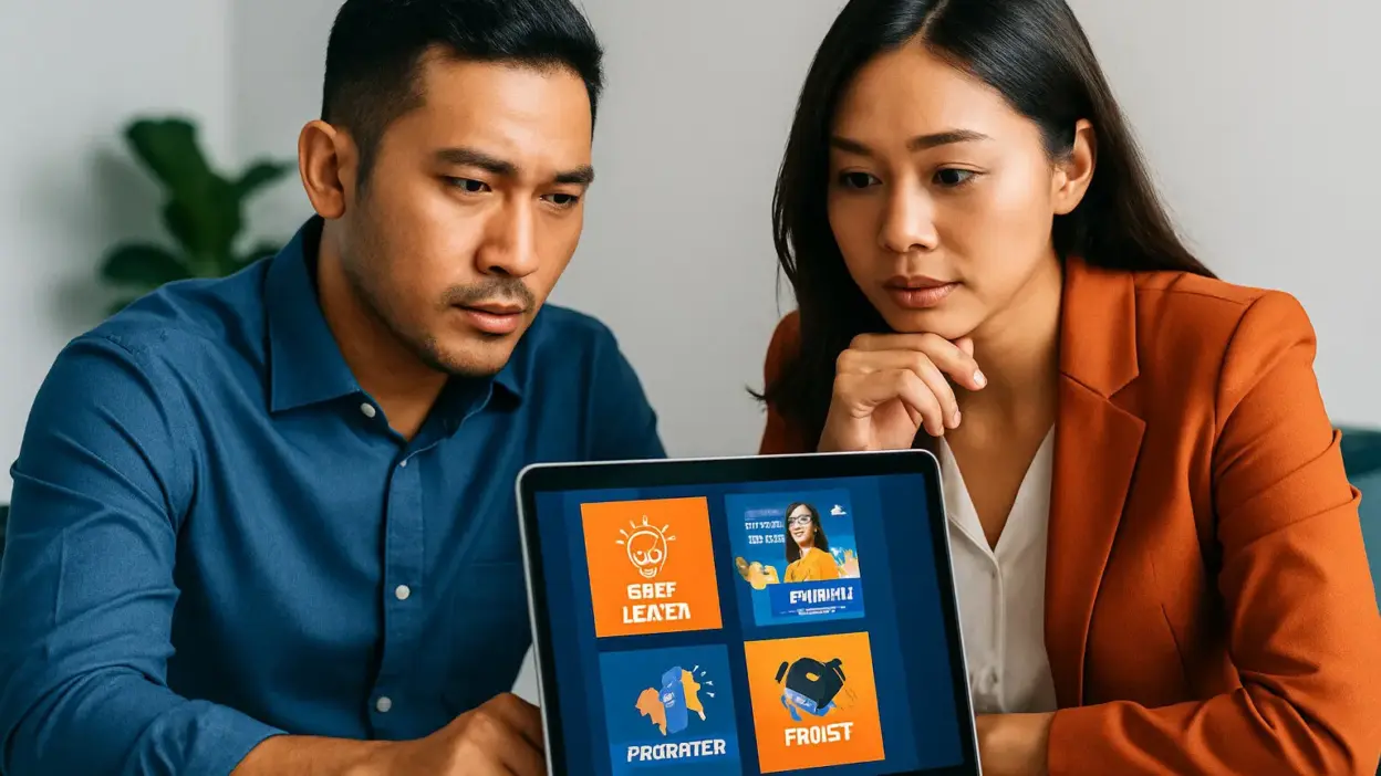 Tim marketer menggunakan AI prompt untuk membuat poster promosi profesional di kantor modern