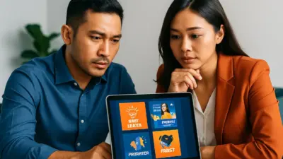 Tim marketer menggunakan AI prompt untuk membuat poster promosi profesional di kantor modern