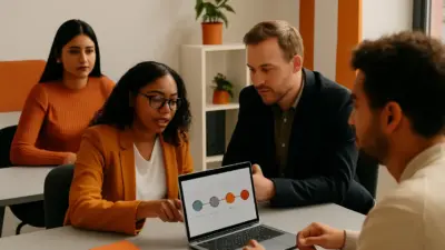 HR dan tim marketing berdiskusi di kantor modern menganalisis keputusan pembelian jasa digital marketing oleh pelanggan UMKM