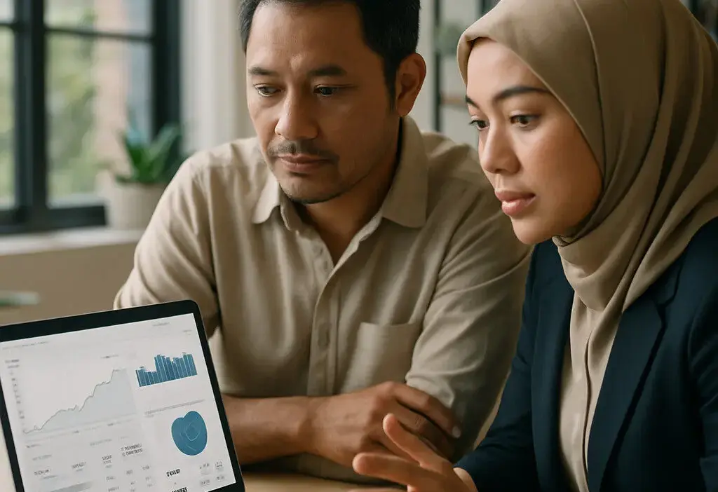 Ilustrasi penjual dan profesional sales berdiskusi strategi menghadapi kenaikan biaya platform digital