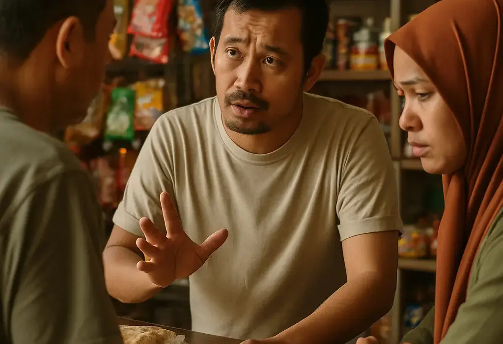 Pemilik UMKM berdiskusi dengan pelanggan tentang kenaikan harga dan perilaku konsumen di tokonya
