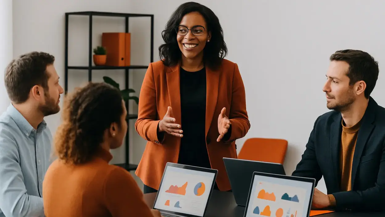 HR leader berdiskusi dengan tim sales di kantor modern tentang psikologi konsumen dalam penjualan digital