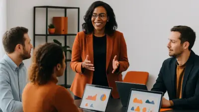 HR leader berdiskusi dengan tim sales di kantor modern tentang psikologi konsumen dalam penjualan digital
