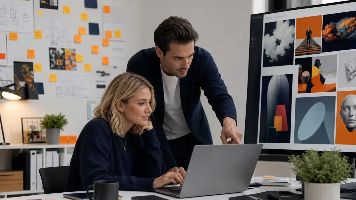 Marketer menggunakan aplikasi prompt poster untuk menyusun ide visual promosi secara terstruktur di kantor modern