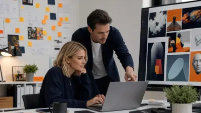 Marketer menggunakan aplikasi prompt poster untuk menyusun ide visual promosi secara terstruktur di kantor modern