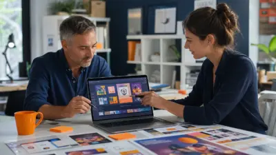 Pemilik bisnis kecil dan marketer memakai AI untuk membuat materi promosi digital di kantor modern