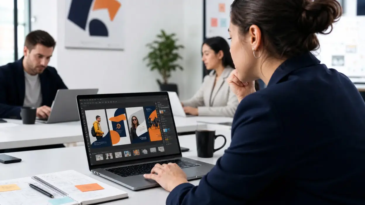 Tim marketer membuat poster promosi lebih cepat dengan bantuan tools prompt AI di laptop