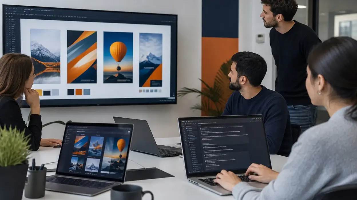 Tim marketer menyusun checklist prompt poster di depan laptop untuk membuat visual promosi yang lebih menjual