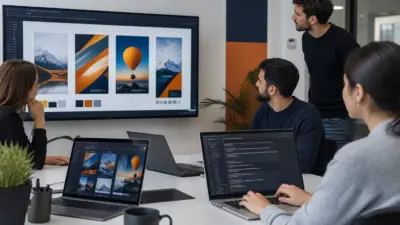 Tim marketer menyusun checklist prompt poster di depan laptop untuk membuat visual promosi yang lebih menjual