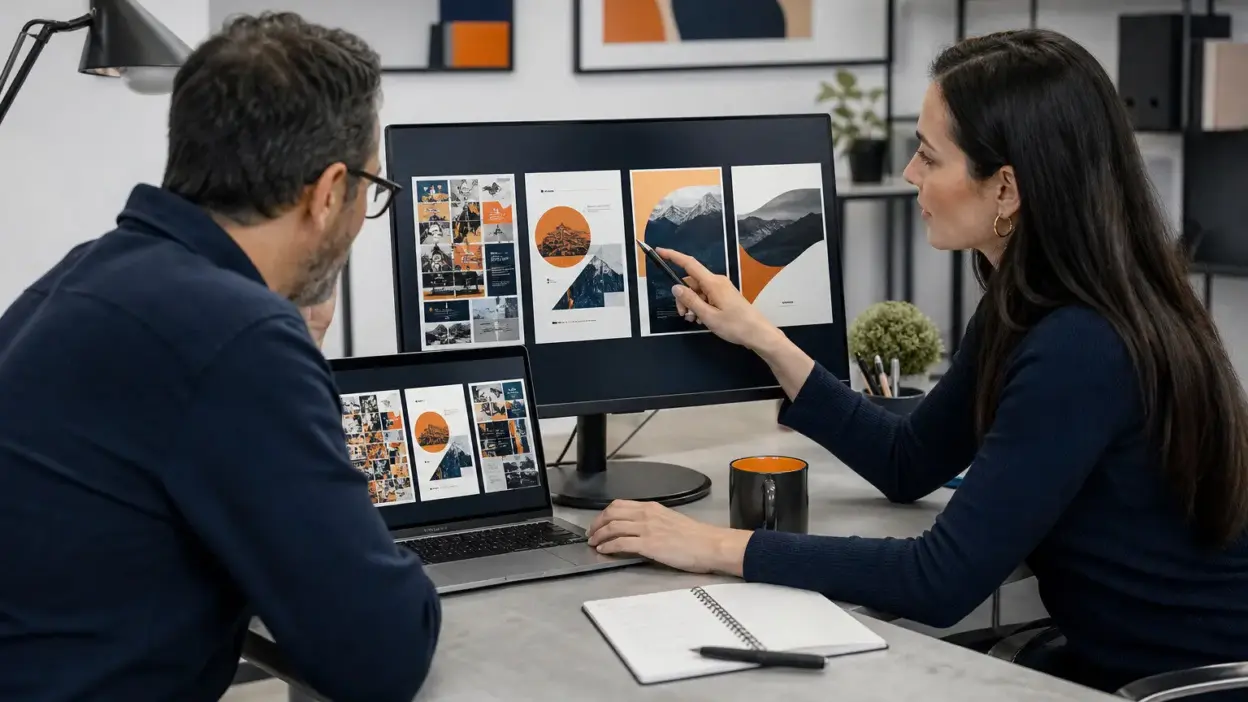 Penjual online dan marketer menyusun prompt terarah untuk membuat desain promosi dengan AI di kantor modern