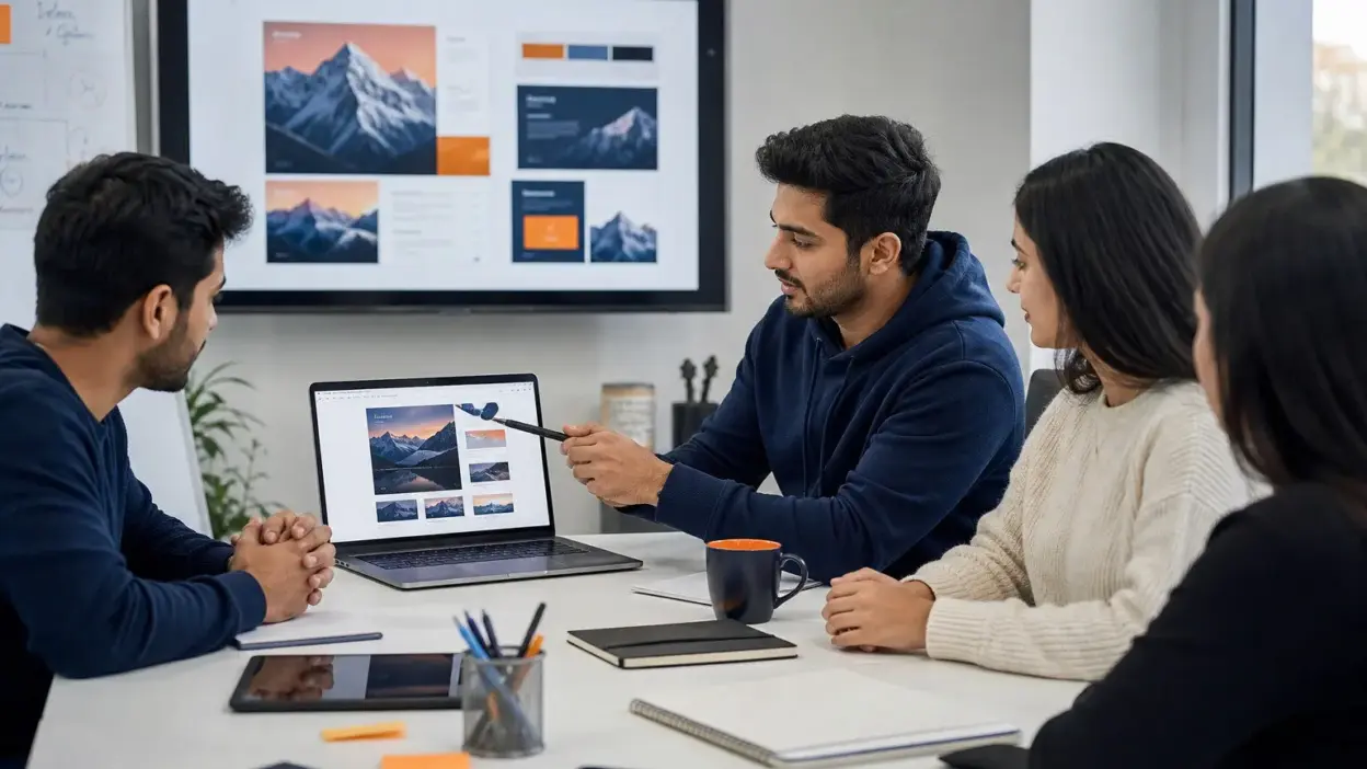 Tim marketer mendiskusikan desain promosi dengan satu prompt efektif untuk mengurangi revisi