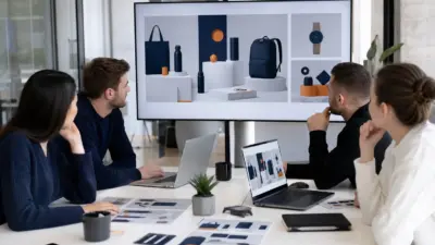Tim marketing menganalisis visual promosi rapi untuk membangun persepsi harga yang lebih masuk akal