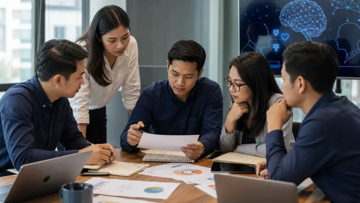 Marketer Indonesia menggunakan dashboard AI marketing dengan catatan pelanggan tulisan tangan di meja kerja modern