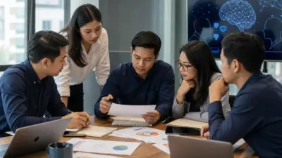 Marketer Indonesia menggunakan dashboard AI marketing dengan catatan pelanggan tulisan tangan di meja kerja modern