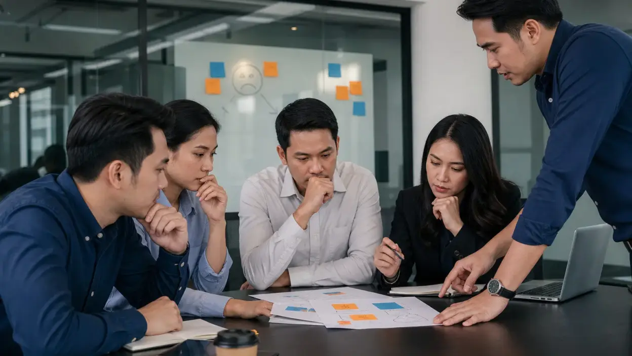 Sales profesional Indonesia meninjau feedback pelanggan dan catatan tulisan tangan di meja kantor modern