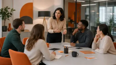 HR leader sedang membimbing tim sales di kantor modern untuk menguatkan mindset penjual yang tangguh menghadapi tekanan biaya produksi