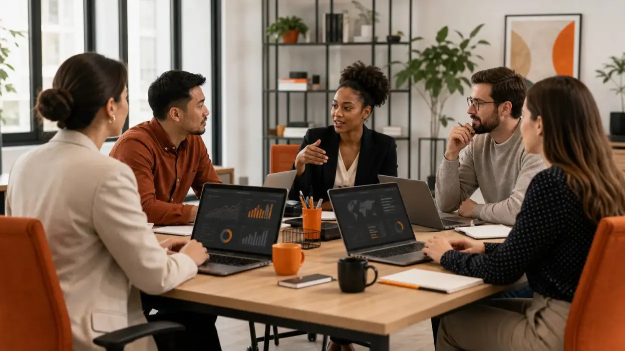 Tim HR dan pemasaran berdiskusi di kantor modern mengenai perubahan perilaku konsumen online saat biaya admin marketplace diatur