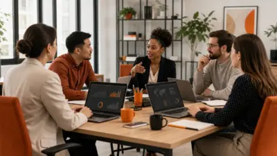 Tim HR dan pemasaran berdiskusi di kantor modern mengenai perubahan perilaku konsumen online saat biaya admin marketplace diatur
