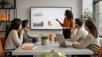Tim HR dan marketing berdiskusi di kantor modern menganalisis perilaku konsumen saat diskon besar akhir tahun