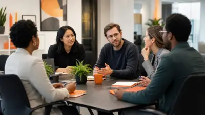 Tim HR berdiskusi di kantor modern tentang psikologi konsumen hijau dan keputusan pembelian harian