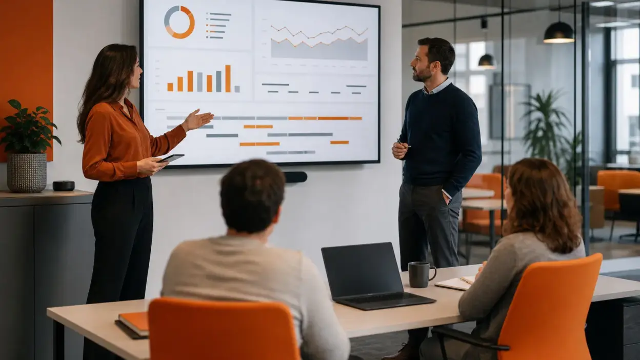 HR dan leader marketing berdiskusi di kantor modern tentang pemilihan digital marketing tools berbasis psikologi pemasaran