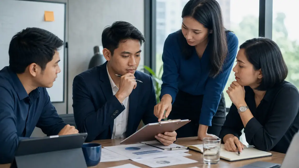 Konsultan sales Indonesia berdiskusi dengan klien di ruang meeting dengan notebook dan pulpen di atas meja