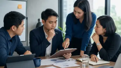 Konsultan sales Indonesia berdiskusi dengan klien di ruang meeting dengan notebook dan pulpen di atas meja