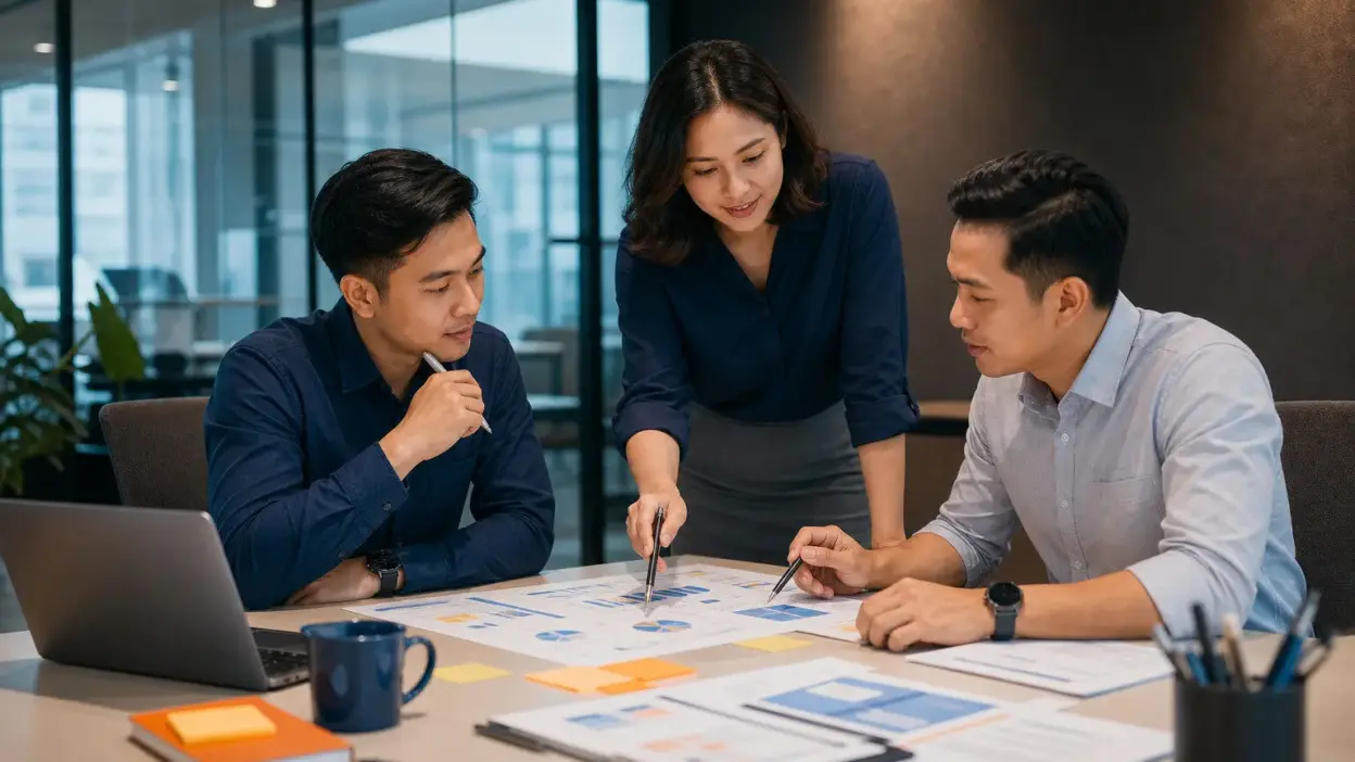 Sales profesional Indonesia sedang berdiskusi dengan klien sambil memperhatikan catatan untuk membaca karakter pelanggan
