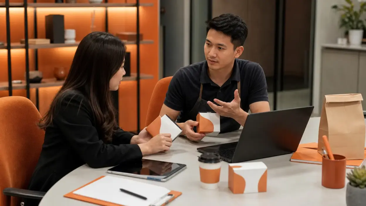 HR dan supervisor toko berdiskusi di kantor modern tentang strategi komunikasi untuk menjaga kepercayaan pelanggan ketika kemasan plastik dikurangi