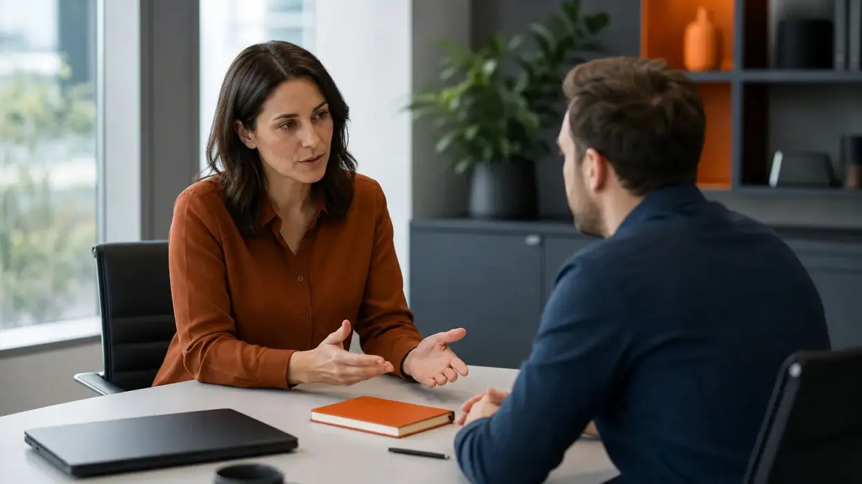 HR dan penjual berdiskusi di kantor modern tentang mindset penjual dalam mengelola emosi saat biaya naik