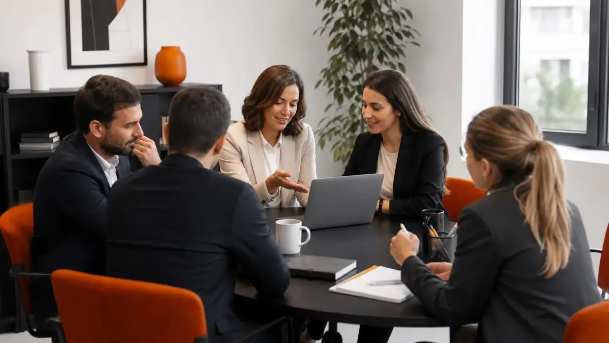 HR sedang membimbing tim penjual UMKM di kantor modern untuk menguatkan mindset penjual UMKM menghadapi konsumen yang makin hemat