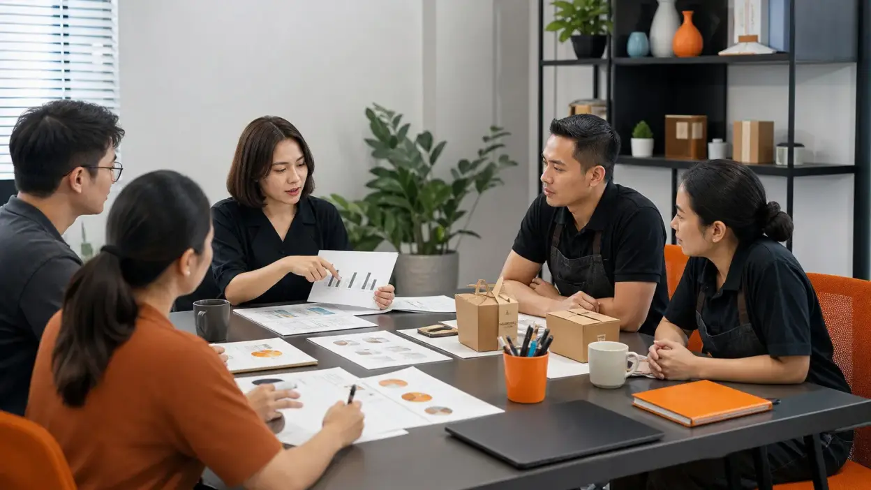 Tim HR dan leader UMKM berdiskusi di kantor modern tentang dampak perubahan kemasan terhadap perilaku konsumen