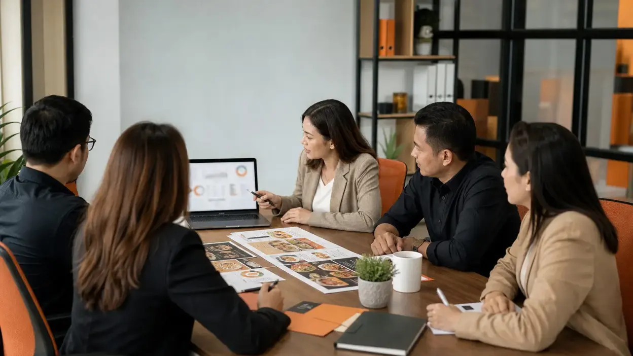 HR dan pemilik usaha kuliner wisata berdiskusi di kantor modern tentang strategi harga dengan pendekatan psikologi pemasaran