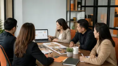 HR dan pemilik usaha kuliner wisata berdiskusi di kantor modern tentang strategi harga dengan pendekatan psikologi pemasaran