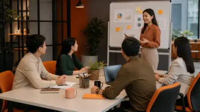 HR dan tim sales UMKM berdiskusi di kantor modern tentang psikologi penjualan umkm dan perilaku konsumen frugal living