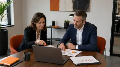 HR dan sales manager UMKM berdiskusi di kantor modern tentang sales strategy menghadapi lonjakan biaya energi