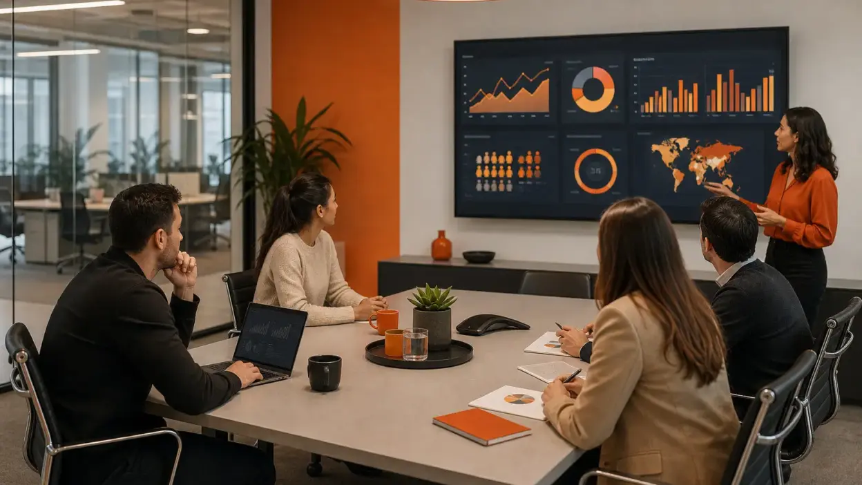 Tim HR dan marketing berdiskusi di kantor modern membahas perilaku konsumen dan strategi promosi e-commerce