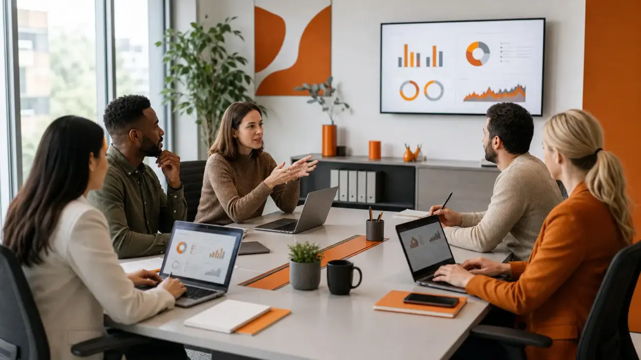 Tim HR dan marketing berdiskusi di kantor modern menganalisis perilaku konsumen online saat biaya layanan e-commerce turun