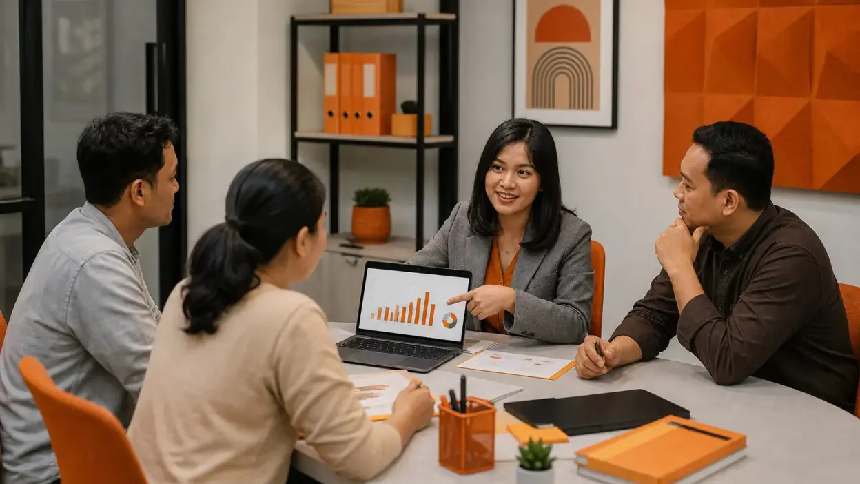Tim HR dan pemilik UMKM berdiskusi tentang psikologi konsumen umkm dan strategi komunikasi harga di kantor modern