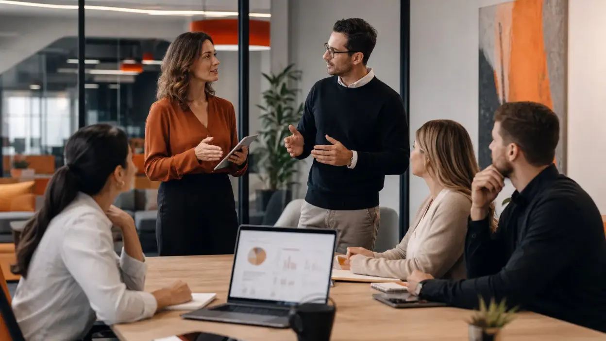 HR dan leader penjualan melatih tim sales menerapkan strategi closing empatik pada pelanggan sensitif harga di kantor modern
