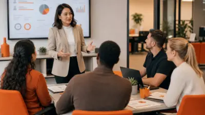 HR manager melatih tim penjualan UMKM di kantor modern tentang strategi closing dan komunikasi empatik kepada pelanggan