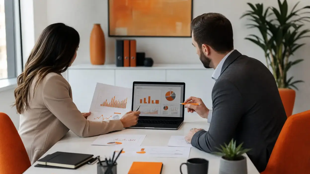 HR dan sales manager mendiskusikan tren perilaku konsumen dan strategi penjualan di ruang meeting modern