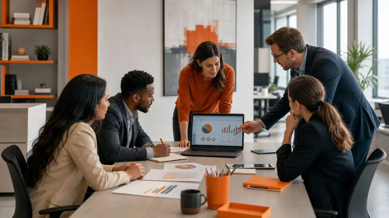 HR dan leader bisnis berdiskusi di kantor modern mengenai perubahan keputusan pembelian konsumen di tengah lonjakan biaya usaha