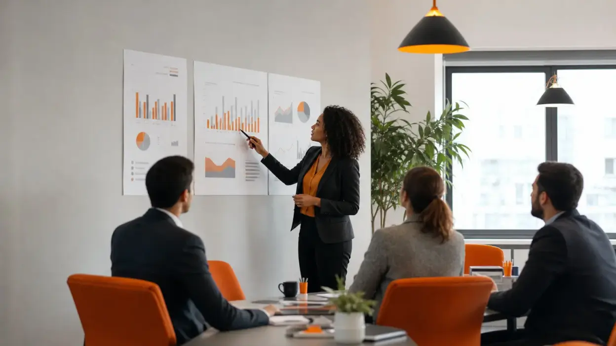 HR leader berdiskusi dengan tim sales di kantor modern tentang penyesuaian mindset penjual menghadapi daya beli konsumen yang melemah