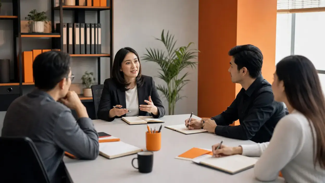 HR dan tim penjualan UMKM berdiskusi di kantor modern mengenai mindset penjual UMKM saat menghadapi konsumen sensitif harga