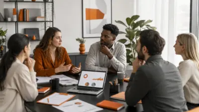 HR dan tim pemasaran berdiskusi di kantor modern mengenai perilaku konsumen hijau dan strategi produk ramah lingkungan
