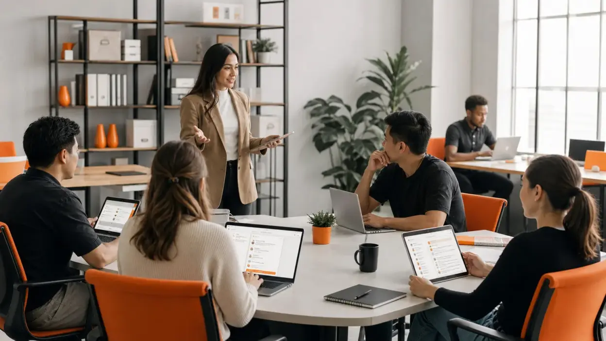 HR manager membimbing tim sales online di kantor modern membahas strategi closing yang menghormati keputusan pembeli